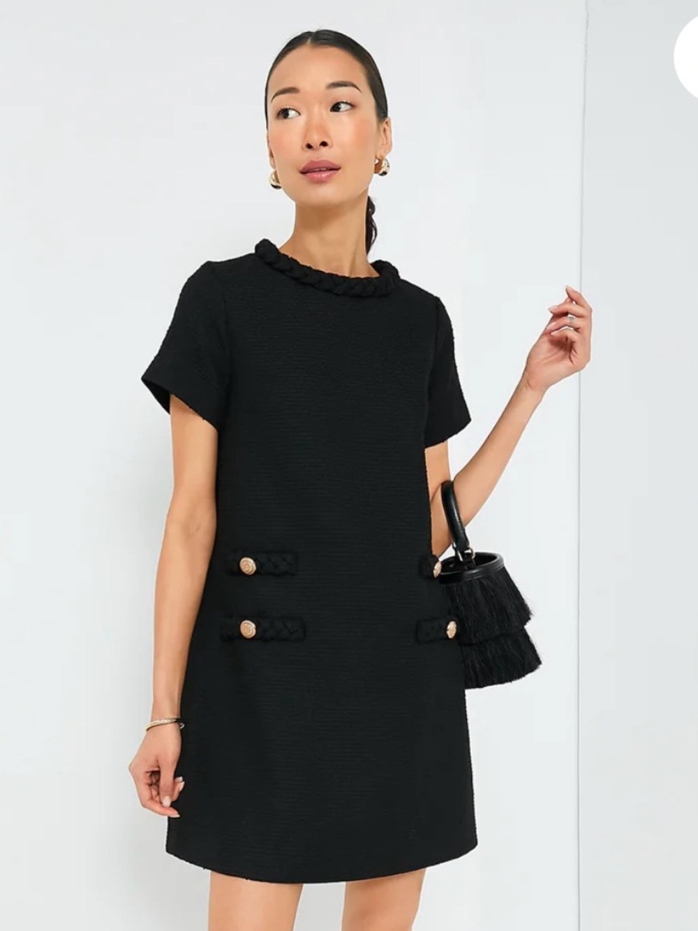 Tuckernuck Jackie Black Short-Sleeve Shift Dress with Braided Trim